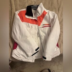 Obermeyer White Ski Jacket with Coral and Pink Accents - Kids